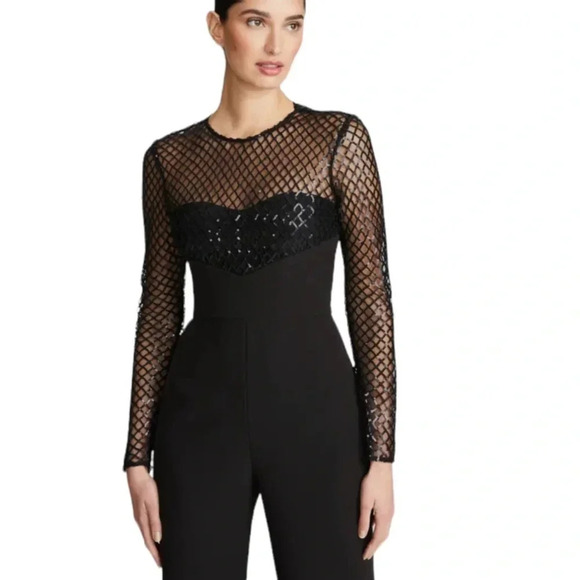 Halston Jac Sequin Illusion Neck Crepe Wide Leg Jumpsuit Black Size 2 NWT - Picture 4 of 15